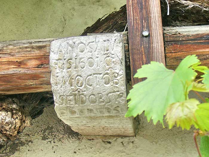 Margreid: Inschrift, dass diese Rebe im Jahre 1601 gepflanzt wurde
